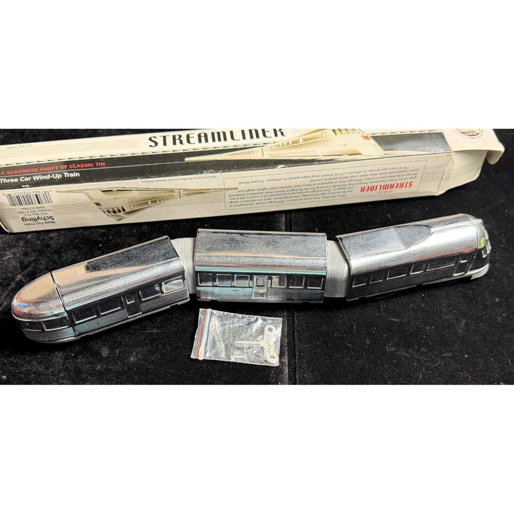 Schylling Streamliner Three Car Wind-Up Train-Chrome Plated, Tin Collector Toy